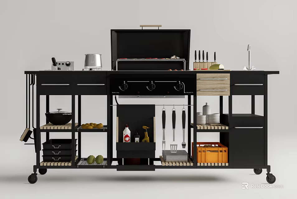 Mobile Black Kitchen Cart With Grill Spices Cooking Utensils And Fruits 3d model 