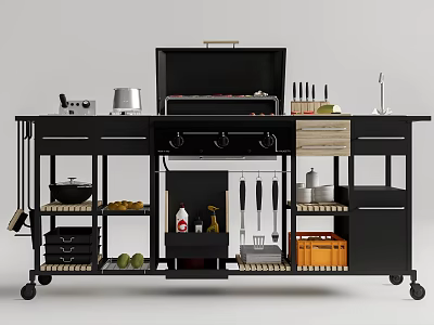 Mobile Black Kitchen Cart With Grill Spices Cooking Utensils And Fruits 3d model