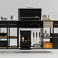 Mobile Black Kitchen Cart With Grill Spices Cooking Utensils And Fruits