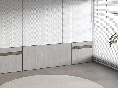 Modern Textured White Wall Interior Design With Wooden Cabinets Window Blinds And Plant 3d model