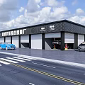 Modern Automobile Showroom Exterior With Blue And Black Vehicles And Garage Doors