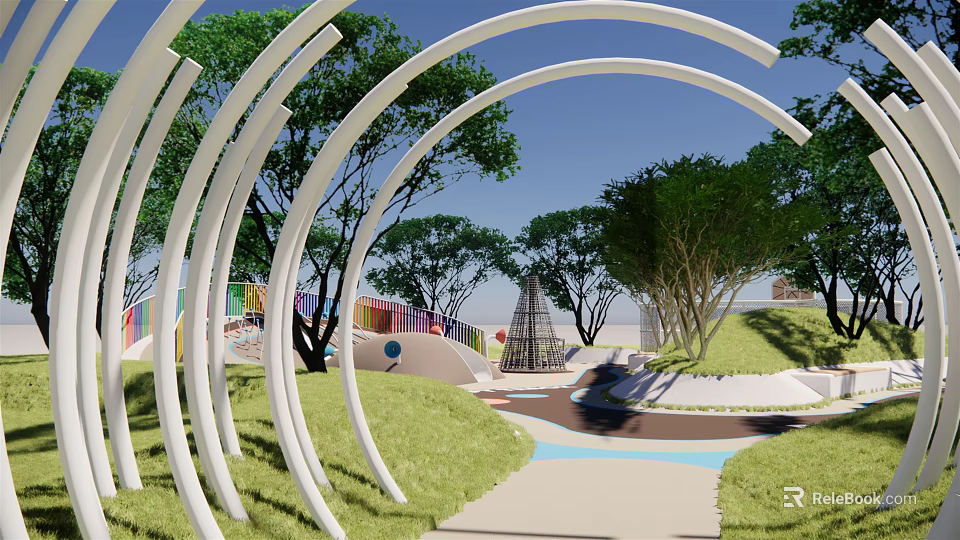 Outdoor Children's Play Area With White Curved Structures Green Trees And Colorful Decorations 3d model 