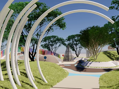 Outdoor Children's Play Area With White Curved Structures Green Trees And Colorful Decorations 3d model
