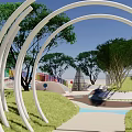 Outdoor Children's Play Area With White Curved Structures Green Trees And Colorful Decorations