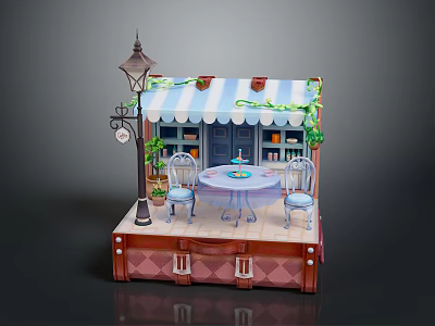 Miniature Café Scene On Trunk Base With Striped Awning Table Chairs Street Lamp And Plants 3d model