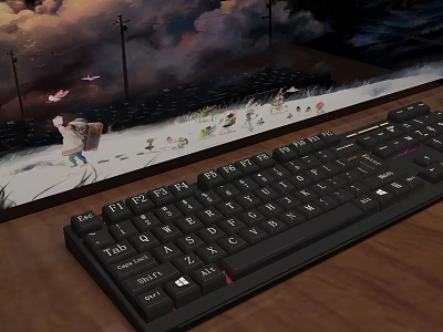Ergonomic Black Computer Keyboard On Desk With Animated Monitor Screen 3d model