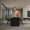 Modern Living and Dining Room Interior With Sofa Coffee Table Dining Set And Pendant Lights