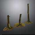 Three Wooden Stumps With Stone Bases And Green Moss Against Gray Background