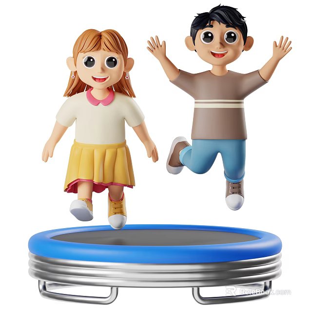Cheerful Young Game Movie Characters Joyfully Jumping On Round Blue Trampoline 3d model 