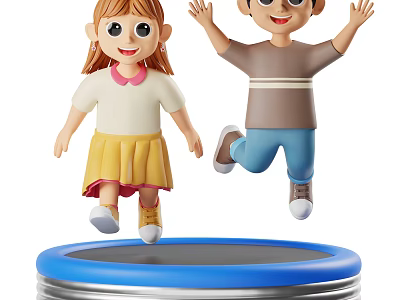 Cheerful Young Game Movie Characters Joyfully Jumping On Round Blue Trampoline 3d model