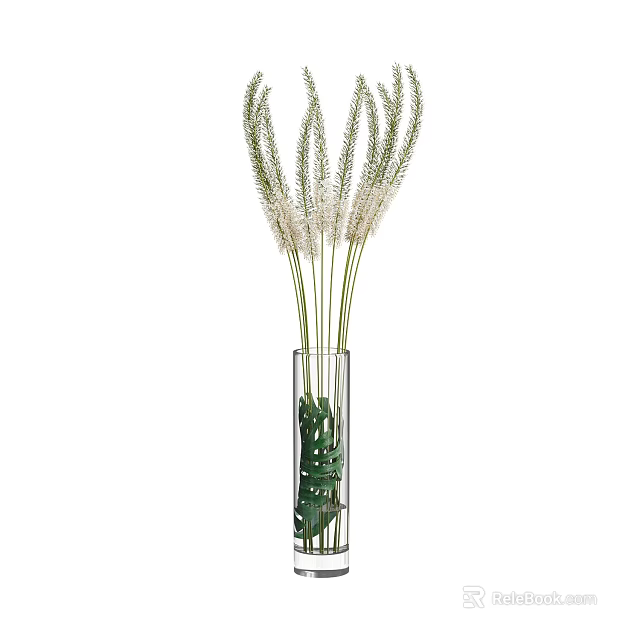 Tall Glass Vase With White Feathery Flowers And Green Leaves For Home Decor 3d model 