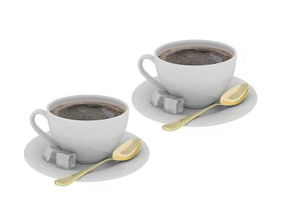 Two White Cups of Dark Coffee with Sugar Cubes and Golden Spoons on Saucers 3d model