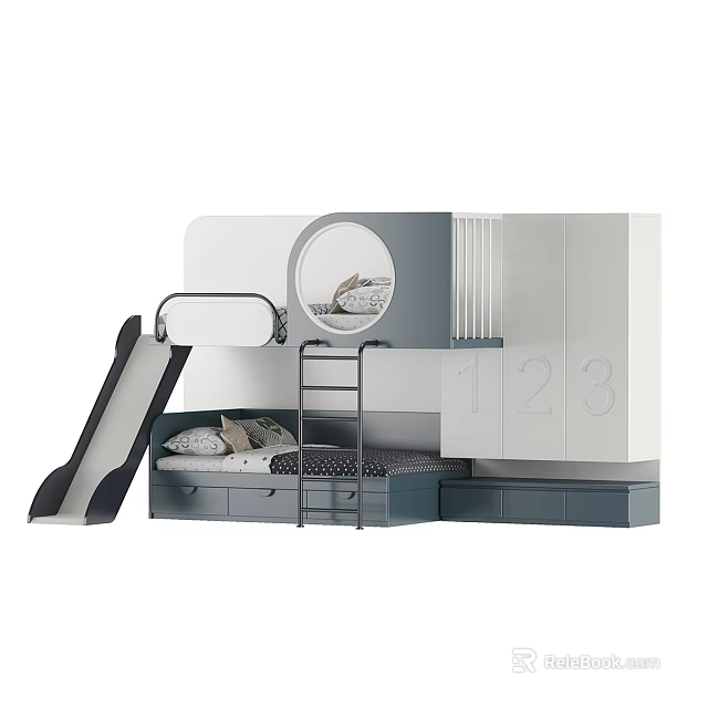 Modern Kids Bunk Bed With Slide Ladder Mattress And Storage Design 3d model 
