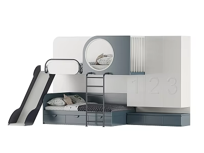 Modern Kids Bunk Bed With Slide Ladder Mattress And Storage Design 3d model