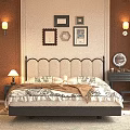 Cozy Elegant Bedroom Interior With Beige Headboard Decorative Paintings And Nightstand Lamp