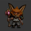 3D Fantasy Fox Game Movie Character Holding Glowing Staff With Pink Orb And Armored Outfit
