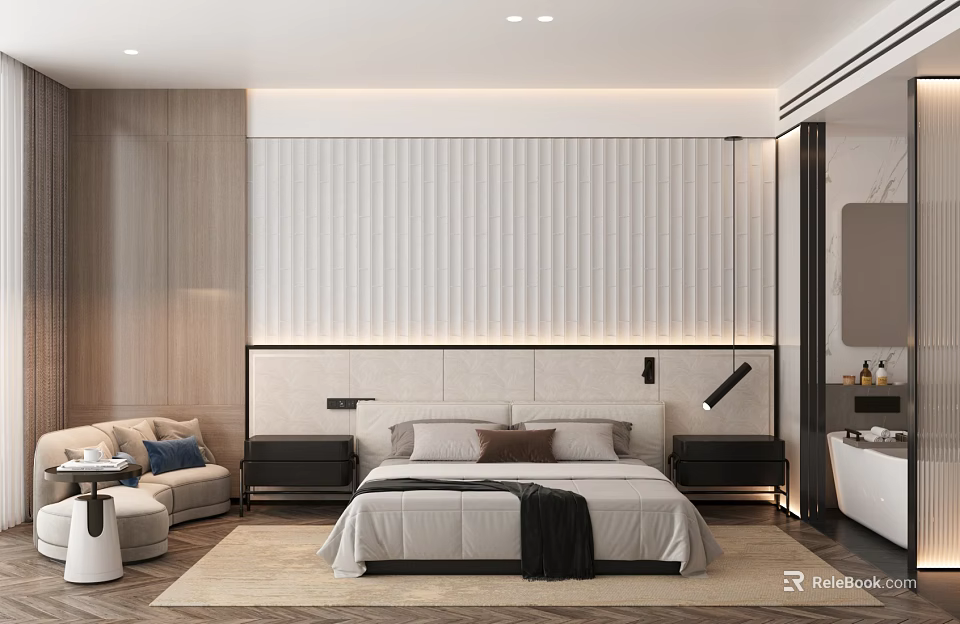 Minimalist Hotel Guest Room With Wooden Walls Striped Headboard Large Bed Nightstands Sofa And Carpet 3d model 