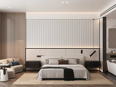 Minimalist Hotel Guest Room With Wooden Walls Striped Headboard Large Bed Nightstands Sofa And Carpet 3d model