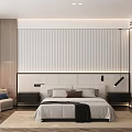 Minimalist Hotel Guest Room With Wooden Walls Striped Headboard Large Bed Nightstands Sofa And Carpet