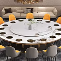 Banquet Hall Interior With Large Round Marble Table Yellow Gray Chairs Central Vase