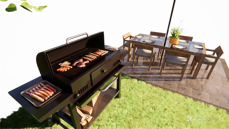 Outdoor Grill With Sausages Bacon And Dining Table Setup On Green Grass 3d model 