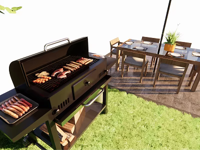 Outdoor Grill With Sausages Bacon And Dining Table Setup On Green Grass 3d model