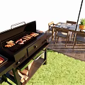 Outdoor Grill With Sausages Bacon And Dining Table Setup On Green Grass