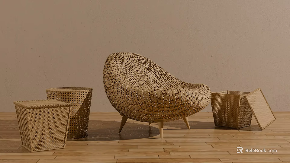 Wicker Leisure Chair With Matching Side Tables On Wooden Floor And Neutral Wall 3d model 