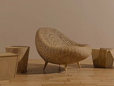 Wicker Leisure Chair With Matching Side Tables On Wooden Floor And Neutral Wall 3d model