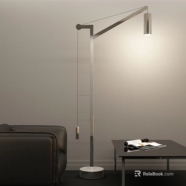 Modern Minimalist Floor Lamp With Adjustable Arm Soft Lighting Black Sofa Coffee Table Open Magazine 3d model 