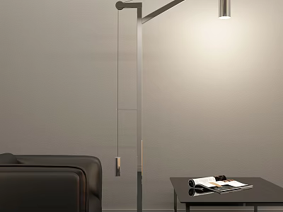 Modern Minimalist Floor Lamp With Adjustable Arm Soft Lighting Black Sofa Coffee Table Open Magazine 3d model