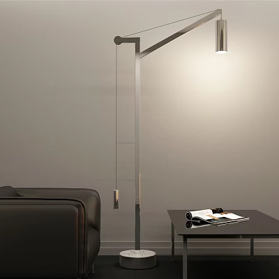Modern Minimalist Floor Lamp With Adjustable Arm Soft Lighting Black Sofa Coffee Table Open Magazine 3d model
