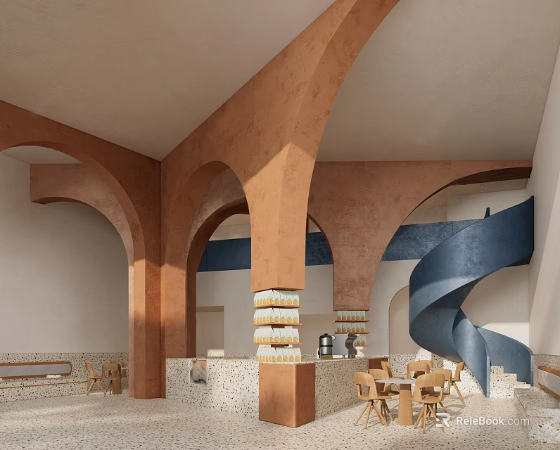 Modern Restaurant Interior With Arched Columns Blue Spiral Staircase And Wooden Dining Tables 3d model 
