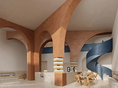 Modern Restaurant Interior With Arched Columns Blue Spiral Staircase And Wooden Dining Tables 3d model