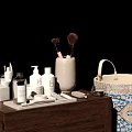 Modern Bathroom Set With Storage Tray Mirror Cosmetic Brushes And Wooden Countertop