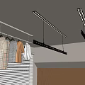 Modern Interior With Hanging Clothes Hangers Strip Lights And Wooden Panel Wall