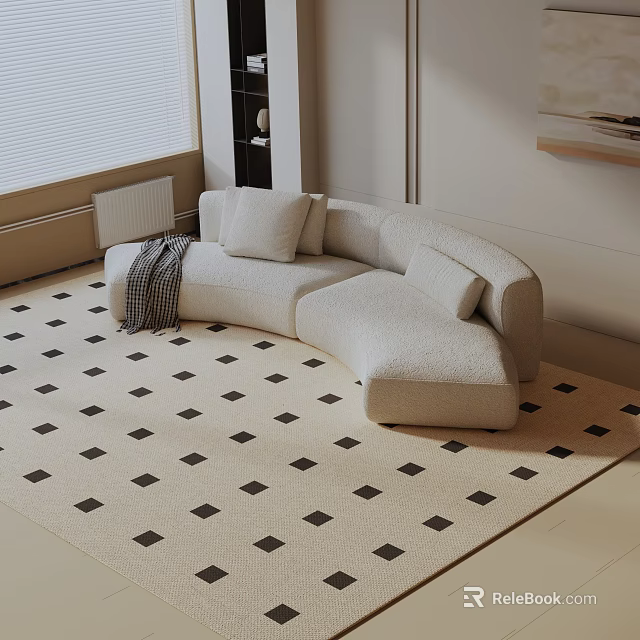 Cozy Ivory Curved Three-Seater Sofa with Cushions and Plaid Blanket on Patterned Rug 3d model 