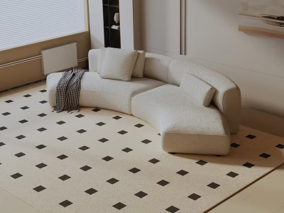Cozy Ivory Curved Three-Seater Sofa with Cushions and Plaid Blanket on Patterned Rug 3d model