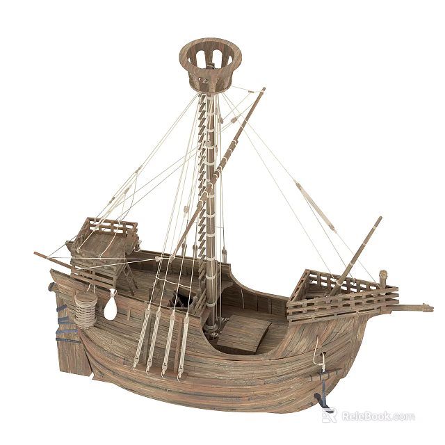 Wooden Sailing Ship Model Detailed Structure With Tall Mast Ropes And Wooden Deck Details 3d model 