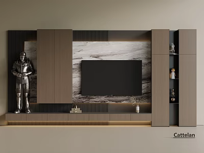 Modern Living Room TV Wall With Marble Texture Wooden Cabinets And Armor Decorations 3d model