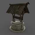 Traditional Garden Ornament Well With Wooden Shingle Roof And Stone Circular Base