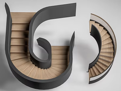 Modern Spiral Staircase Design With Wooden Steps And Black Curved Handrail 3d model
