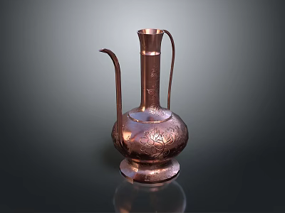 Copper Decorative Ewer With Intricate Floral Engravings And Long Spout 3d model
