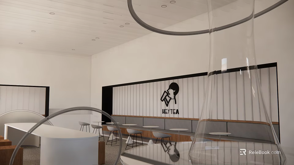 Modern Milk Tea Shop Interior With Round Tables Chairs And Brand Logo 3d model 