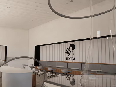 Modern Milk Tea Shop Interior With Round Tables Chairs And Brand Logo 3d model