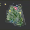 Green Leaf Plant With Pink Yellow Flowers And Butterflies On Gray Background With Reflection