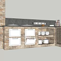 Rustic Kitchen Cabinets With Brick Chimney Double Stoves And Wine Rack Design 3d model