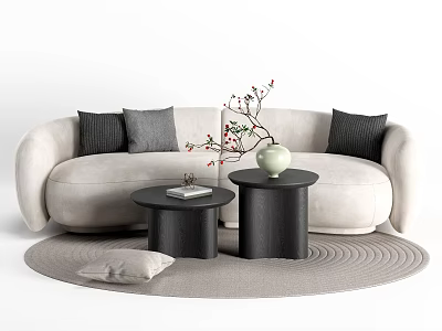 Beige Sofa with Black Gray Cushions and Black Round Coffee Tables Set Featuring Green Vase Red Berries on Gray Round Rug 3d model