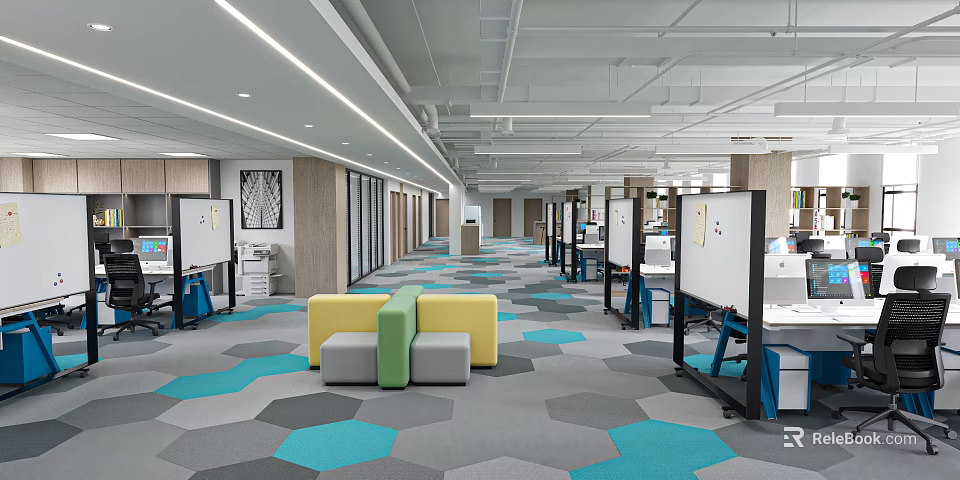 Modern Public Office Space With Hexagonal Carpet Rest Seating Workstations And Whiteboards 3d model 
