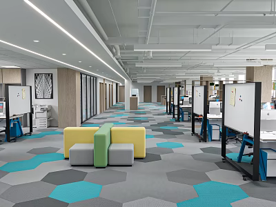 Modern Public Office Space With Hexagonal Carpet Rest Seating Workstations And Whiteboards 3d model